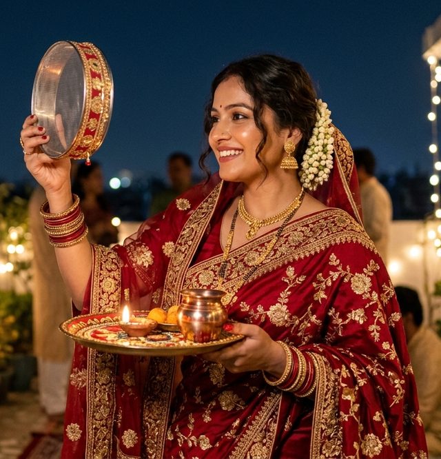 Woman in a red saree holding a chalni and puja thali on Karwa Chauth night